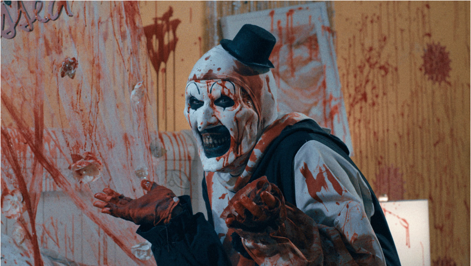 Klovnen Art fra Damien Leones Terrifier-serie. I disse film er der ikke mange budskaber ud over det indlysende: du skal holde dig langt væk fra mime-klovne.